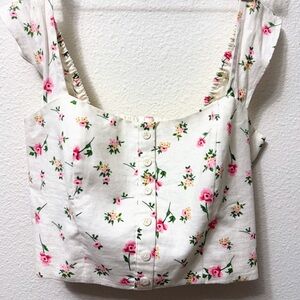 Joie Floral Linen Crop Top NWOT Cottagecore Smocked Pink Roses M